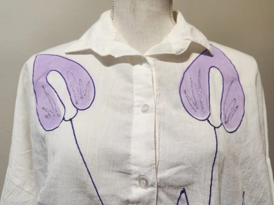 复古 Magna Ft. Lauderdale 手绘紫色花卉纽扣衬衫 — 第 3/4 张图片