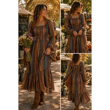 Flying Tomato Boho Prairie Maxi Dress Smocked Waist Folk Print Peasant M