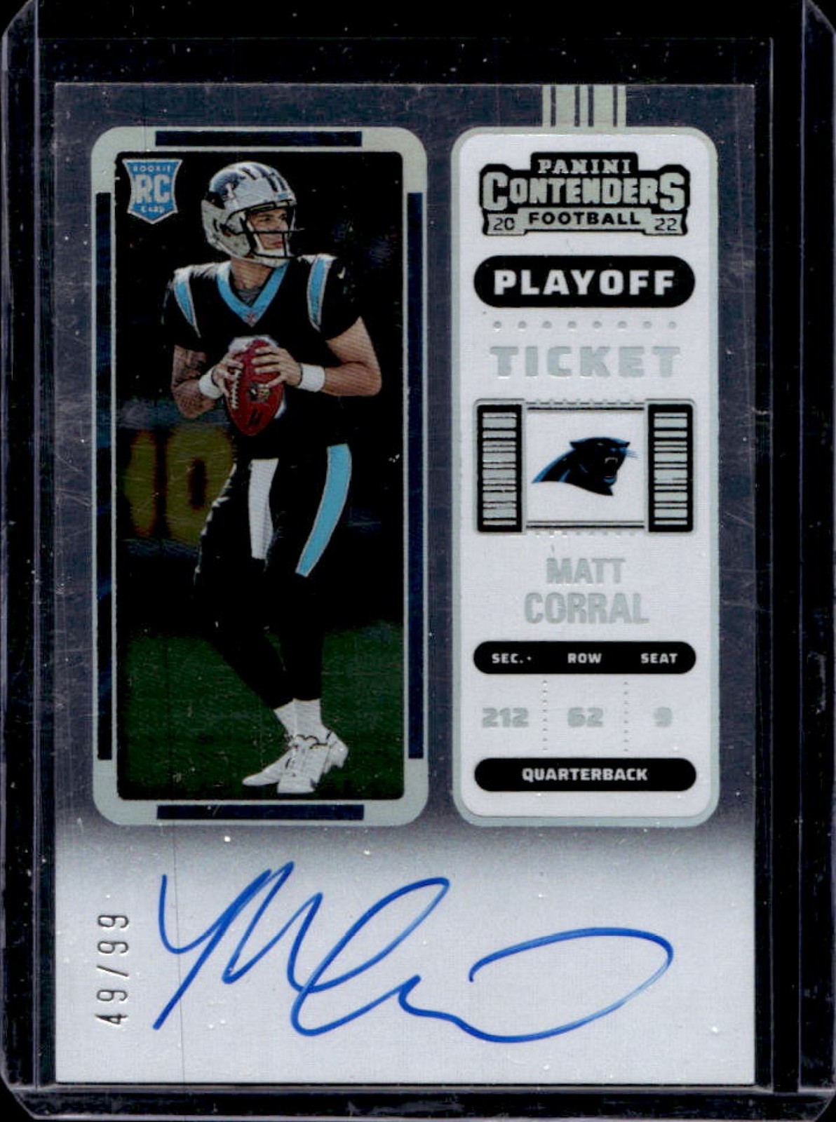 2022 Contenders Matt Corral RC Playoff Ticket Rookie Auto #/99 Panthers