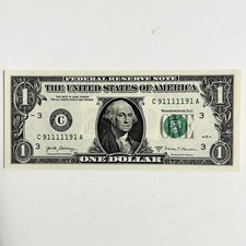 $1 Fancy Serial Number Binary Bookends  6 Of Kind  C91111191 Uncirculated Dollar