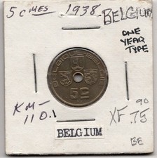 1938 5 Centimes BELGIUM KM110.1 1 Year Type World Coin XF