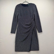 Lauren Ralph Lauren Sheath Dress Womens 8 Silver Metallic Side Ruched Party Wrap