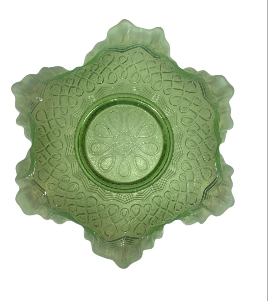 Vintage Green Pressed Glass Ruffled Bowl – Floral Pattern Decorative Dish - Image 2 of 3