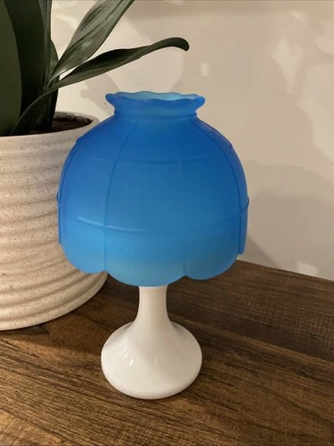 Vintage Westmoreland Fairy Lamp with White Milk Glass base and Blue Satin top.