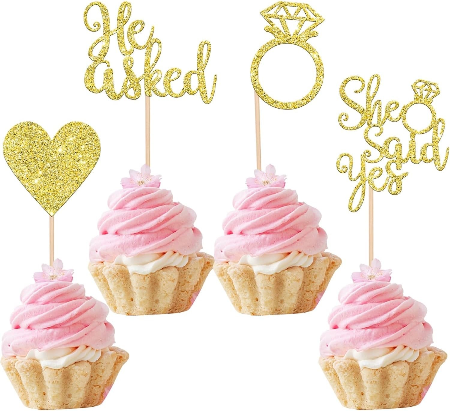 SYKYCTCY 24 Pack He Asked She Said Yes Cupcake Toppers Gold Glitter Heart Ring