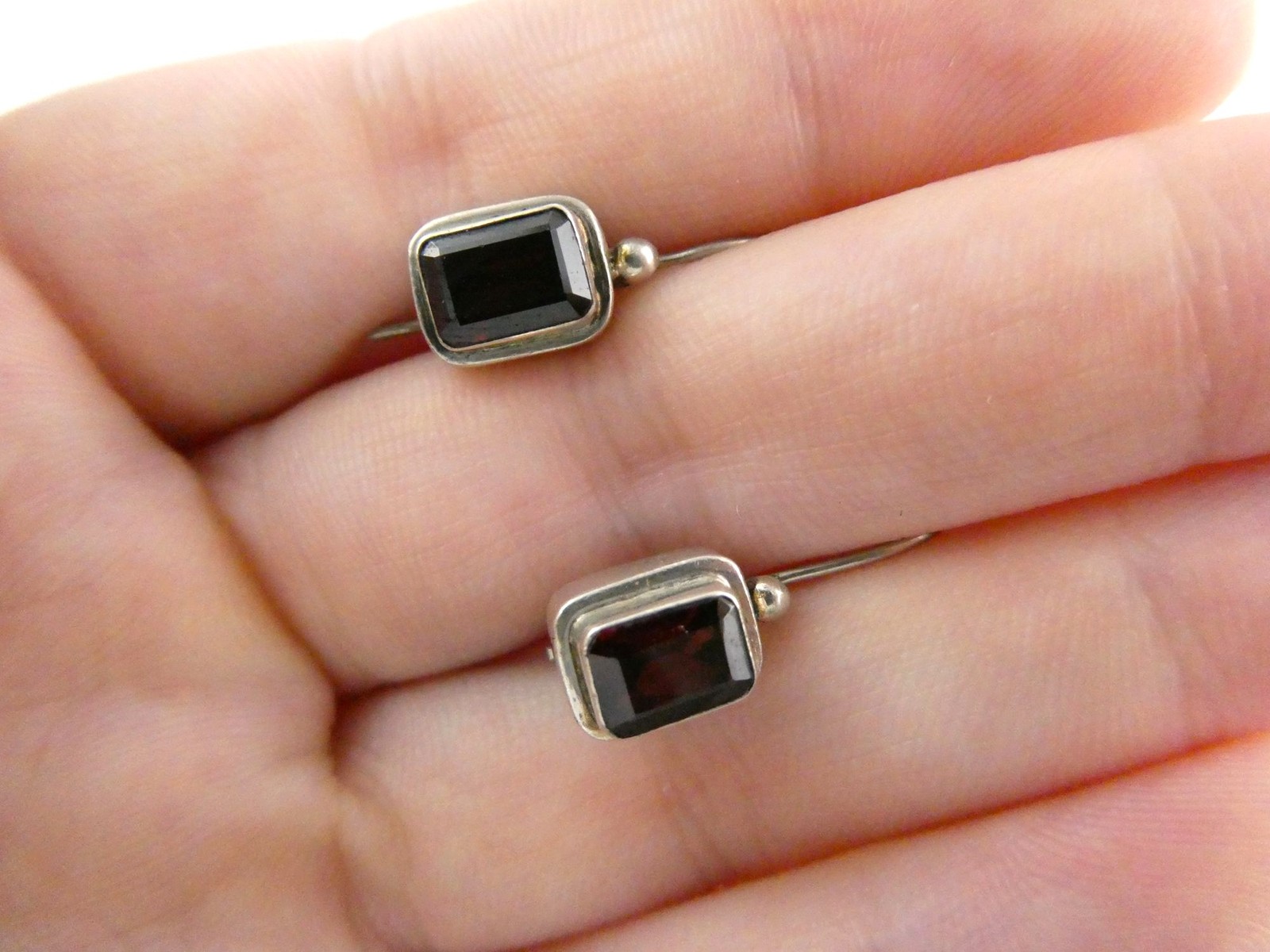 Sterling Silver Rectangular Cut Red Garnet Hook E… - image 1