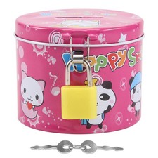 2X(Cylinder Cartoon Print Piggy Bank Coin Money Saving Box w Padlock P7R5)2921