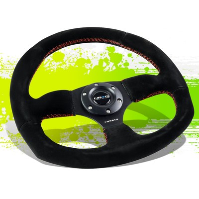 NRG RST-009S-RS 320MM BLACK SUEDE RED STITCH FLAT BOTTOM D-SHAPE STEERING WHEEL
