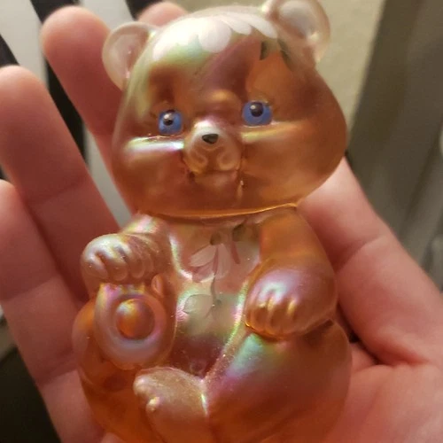 Fenton Hand Painted Glass Bear Figurine Amber Iridescent Signed M Wagner