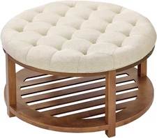 Large round Ottoman Coffee Table, 31.9 Inch Tufted Coffee Table with Solid Wood 