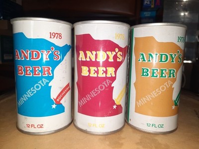 3 ANDY'S BEER EMPTY B/O 12 OZ PULL/STAY TAB STRAIGHT STEEL BEER CANS