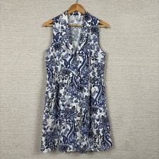 Eliza J Dress Womens 10 Blue White Notch Lapel Paisley Floral Linen Blend Pocket