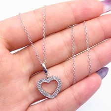 925 Sterling Silver Real White Diamond Open Heart Rolo Chain Necklace 16"