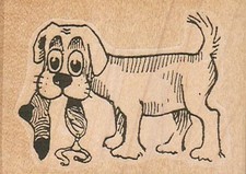 Dog With Sock 2 1/2 x 1 3/4" Rubber Stamp, Dog Stamp, Dog Lover Stamp