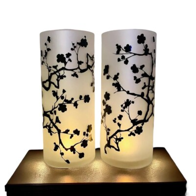 #ad Set 2 Glass Hurricane Candle Holder Vase Frosted White Black Floral 13.5” Tall $75.00