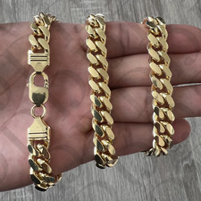 10mm REAL 14K Miami Cuban Gold Plated Over Solid 925 Sterling Silver Chain ITALY