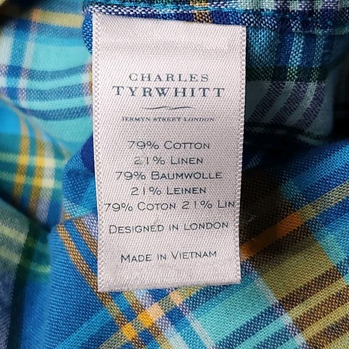 Charles Tyrwhitt Weekend Slim Fit Linen Blend Shirt Mens XL Blue Yellow Plaid - Picture 7 of 8