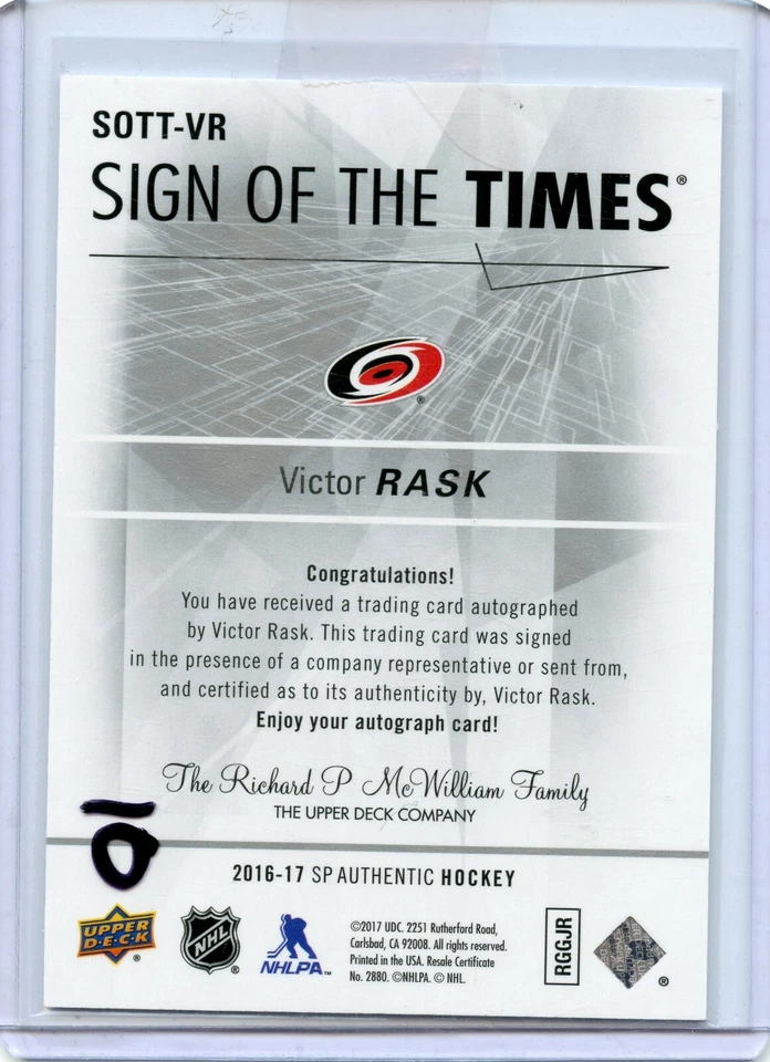 2016-17 SP Authentic Sign of the Times #SOTT-VR Victor Rask E - Image 2 of 2