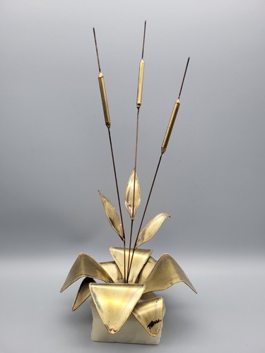Brutalist Metal Cattails Sculpture on Stone Rock Base Vintage - Picture 3 of 15