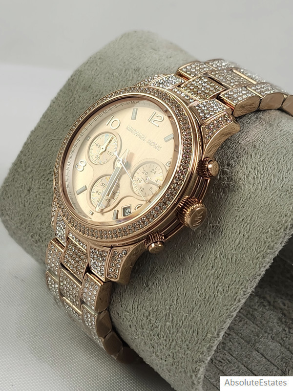 NEW Michael Kors Runway Rose Gold Pave Glitz Chronograph Watch