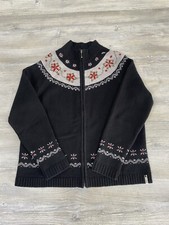 Woolrich Women's L Lambs Wool Full Zip Sweater Black Red Fair Isle