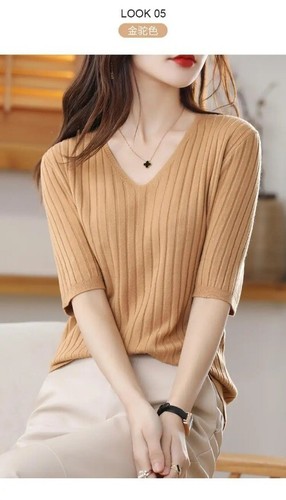 Summer New Women's V-neck Short-Sleeved Exquisite Cashmere Knitted Sweater - Picture 15 of 36