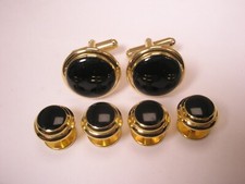 Black Gold Tone Round Vintage Cuff Links Tux Prom Shirt Studs set p41