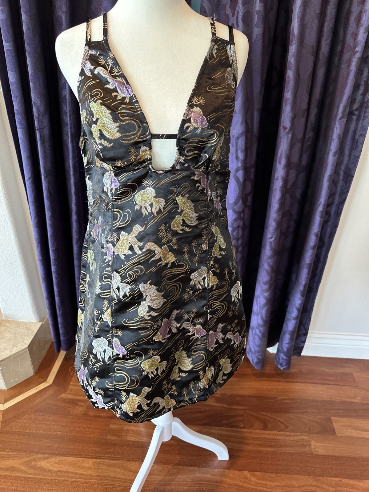 NWT ($69) Urban Outfitters  Colorful Fish Strappy Silky Black Mini Dress Size L