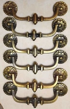 6 1960s D C 19686 Designer Drawer Pulls Fixed Handles Brass 5" Center Holes NOS