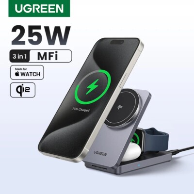 UGREEN 25W Qi2 Magnetic Wireless Charger Stand 3-in-1 MFi Magsafe iPhone AirPod