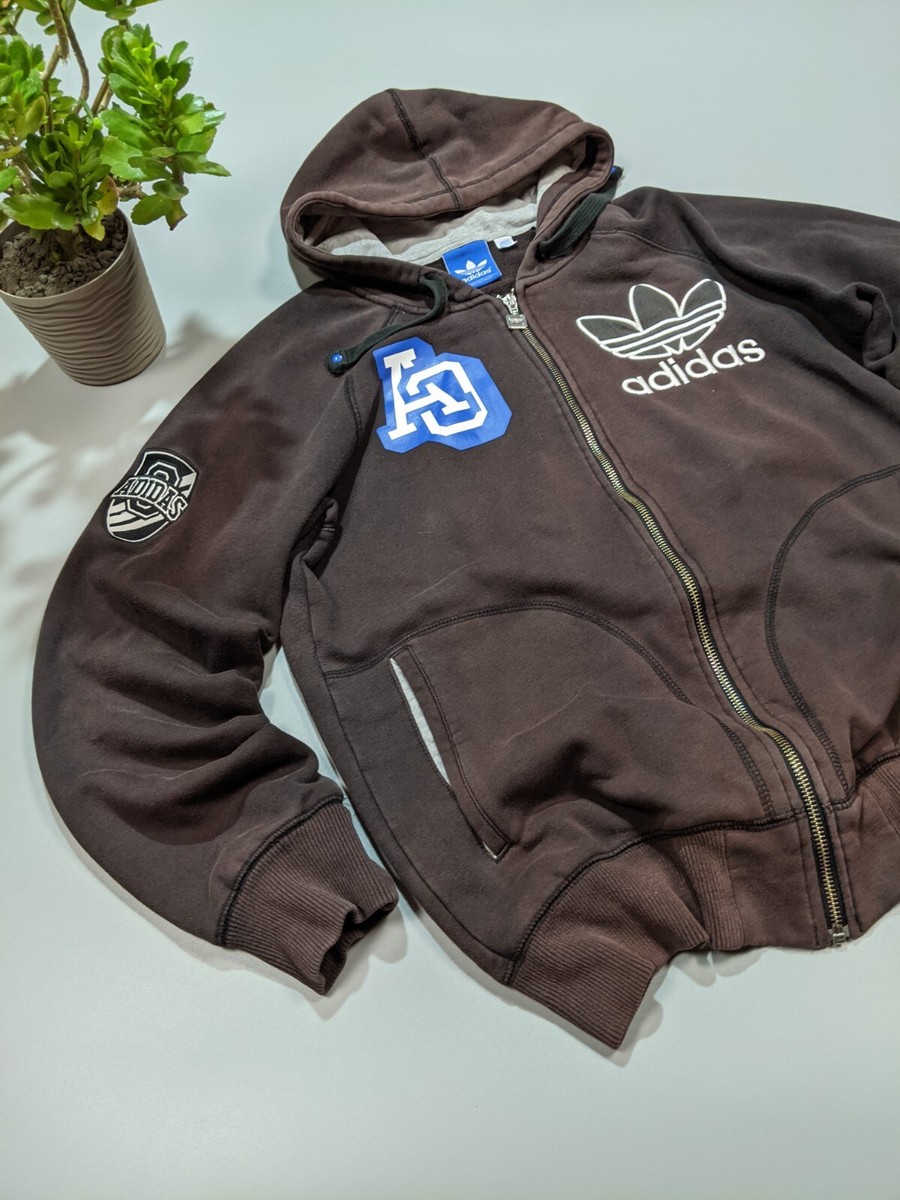ADIDAS Vintage Retro Full Zip Men`s Dark Brown Hoodie Big Logo 