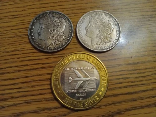 silver lot morgan dollars 1900 o 1921 + .999 $10 gaming token ungraded nice