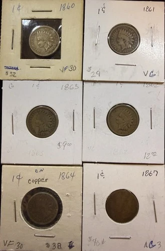 Lot Of 6 Indian Head Penny Cent “Key Dates” 1860-1867 (AG-VF)