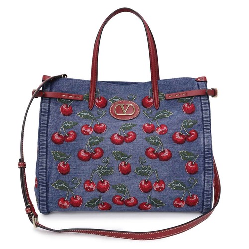 Valentino Garavani 7W2B0R19QLU Cheriffic Embroidery Denim Tote Blue Red #644