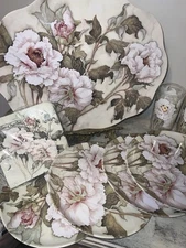 Keller Charles Melamine Lot Tray Plates Napkins Tumblers Pink Peonies Garden NEW