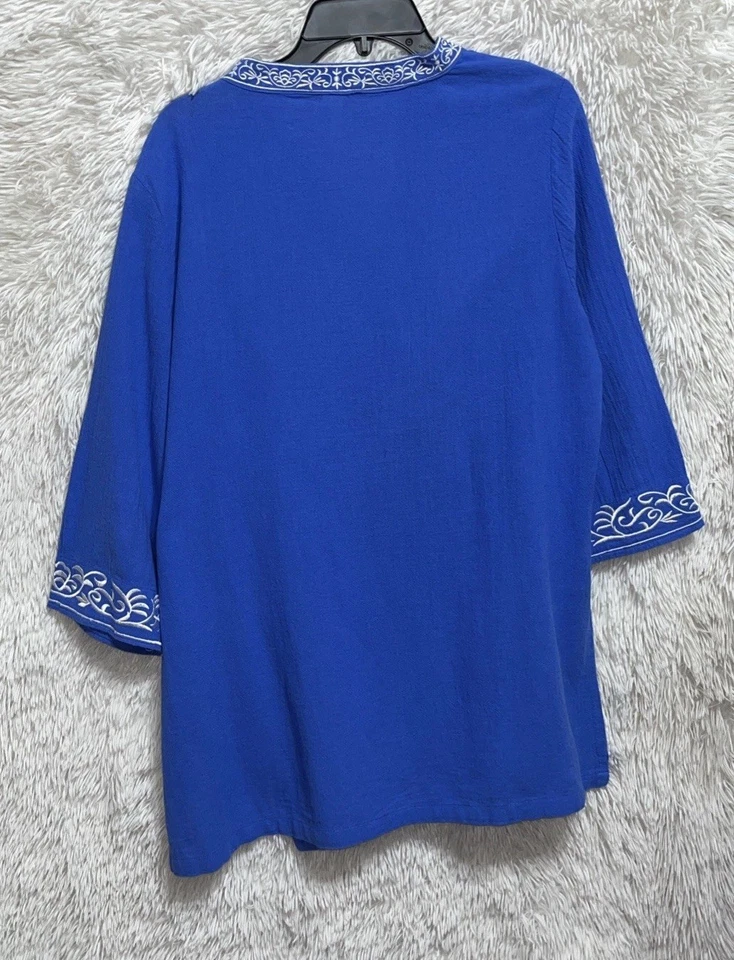 Lulu B Women Blue Cotton Floral Bohemian V-Neck Tunic 3/4 Short Sleeve Size L - Image 2 of 4