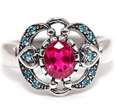 3CT Treated Ruby & Aquamarine 925 Sterling Silver Filigree Look Ring Sz 7 FB9-4