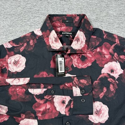 Express Shirt Mens Small 14-14.5 Slim Floral Rose Long Sleeve Button Up NEW