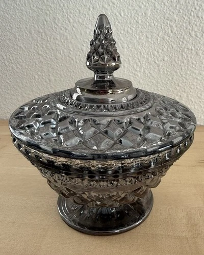 VTG Anchor Hocking Wexford 7” Diamond Sunburst Smoky Gray Iridescent Candy Dish