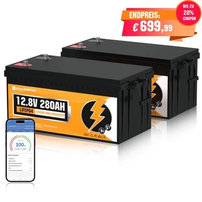 ECO-WORTHY Pack 2 Baterías Litio 12V 280Ah Bluetooth LiFePO4 BMS 7168WH para Autocaravanas
