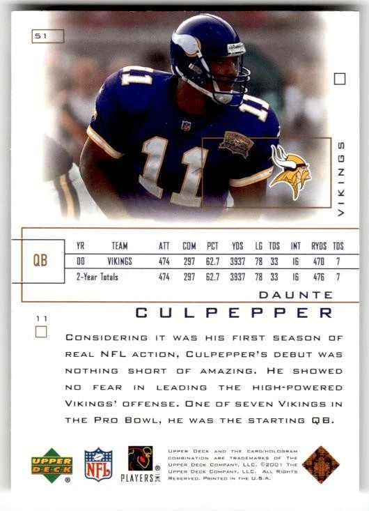 2001 Upper Deck Pros & Prospects #51 Daunte Culpepper - Image 2 of 2