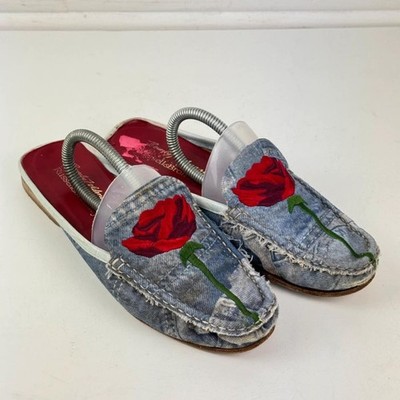 Beverly Feldman x Russell & Bromley Rose Denim Pantoletten UK 5 bestickt Slipper