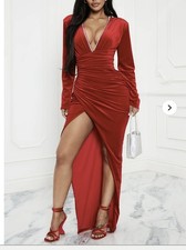  FASHION NOVA  Red Velvet V-neck Thigh-slit Ruched Long-sleeve Dress 