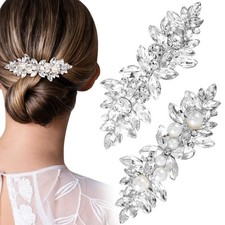 2 PCS Rhinestone Hair Clips, Metal Crystal Flower Hair Barrettes, Silver Plat...