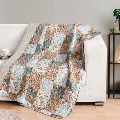 50''x 60'' Quilted Throw Blanket- Microfiber Quilt Throw with Boho Patchwork Pa...