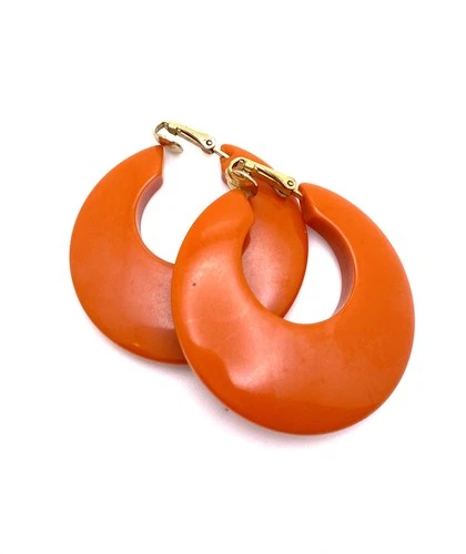 Vintage Plastic Costume Jewelry Orange Bakelite Reto Hoop Clip On Earrings