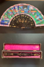 👍 19TH CENTURY CHINA CHINESE QING HUNDRED FACES CANTON FAN WITH BOX