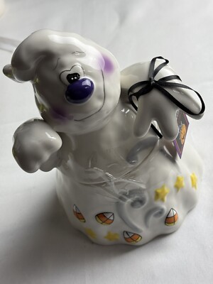 Blue Sky Clayworks Friendly Ghost Halloween Ceramic Cookie Jar / Candy Dish