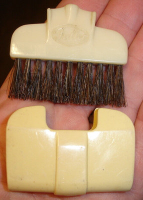 Old vintage USA FULLER mini grooming shaving hand crumb BRUSH & HOLDER clip set