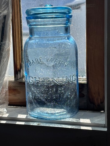 Deep Cornflower Blue crude Lightning Fruit Jar seed bubble Quart Putnam - Picture 3 of 8